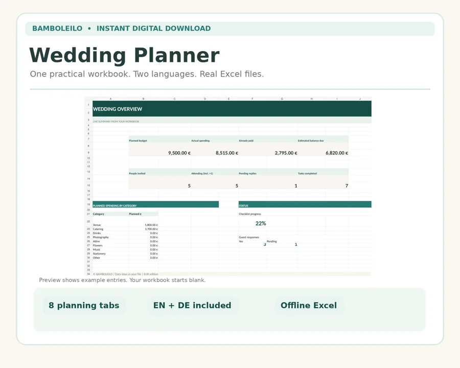 Wedding Planner — existing product cover; preview data is illustrative